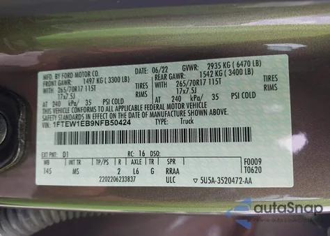 2022 Ford F-150 Xlt z USA, uszkodzony, nr VIN 1FTEW1EB9NFB50424